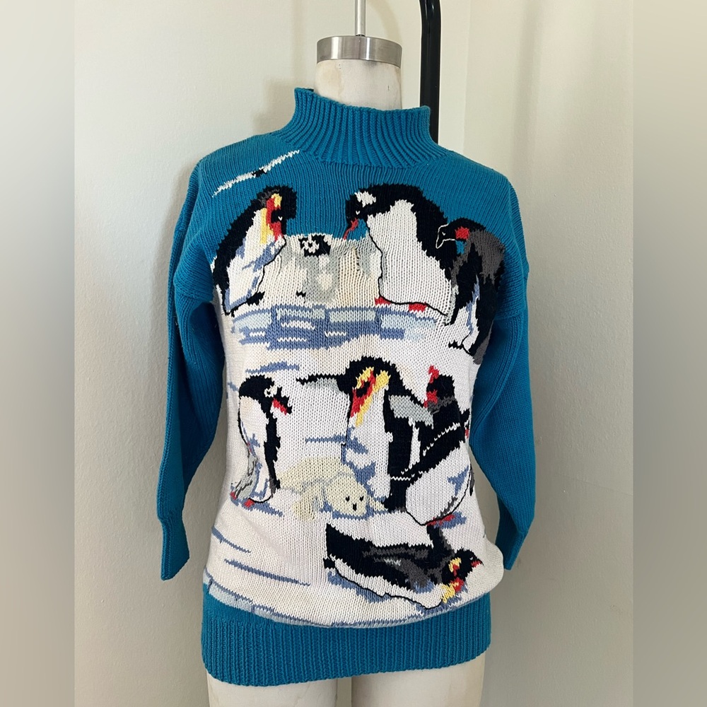 Vintage Cotton Sweater Irish Jividen Original Blue Penguins 🐧 Winter Christmas